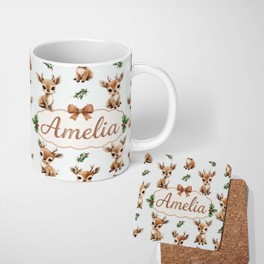 Personalized Custom Name Cute Baby Reindeer Holly Christmas Seamless Pattern Cute Unique Gift 11oz Ceramic Coffee Tea Mug White Large Handle