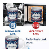 Personalized Custom Name Scandinavian Snowflake Ornament Knit Pattern Blue White Red Holiday 11oz Ceramic Coffee Tea Mug White Large Handle