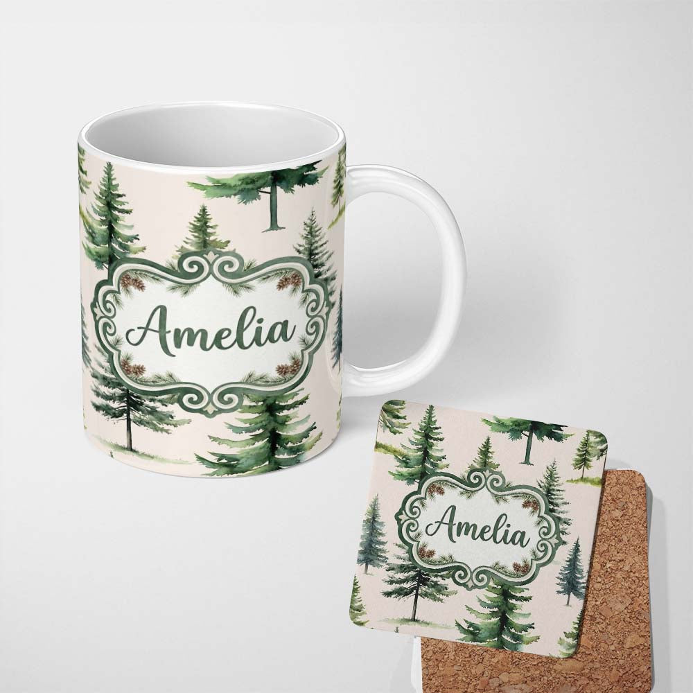 Personalized Custom Name Pine Tree Forest Evergreen Woodland Nature on Neutral Beige 11oz Ceramic Coffee Tea Mug White Large Handle