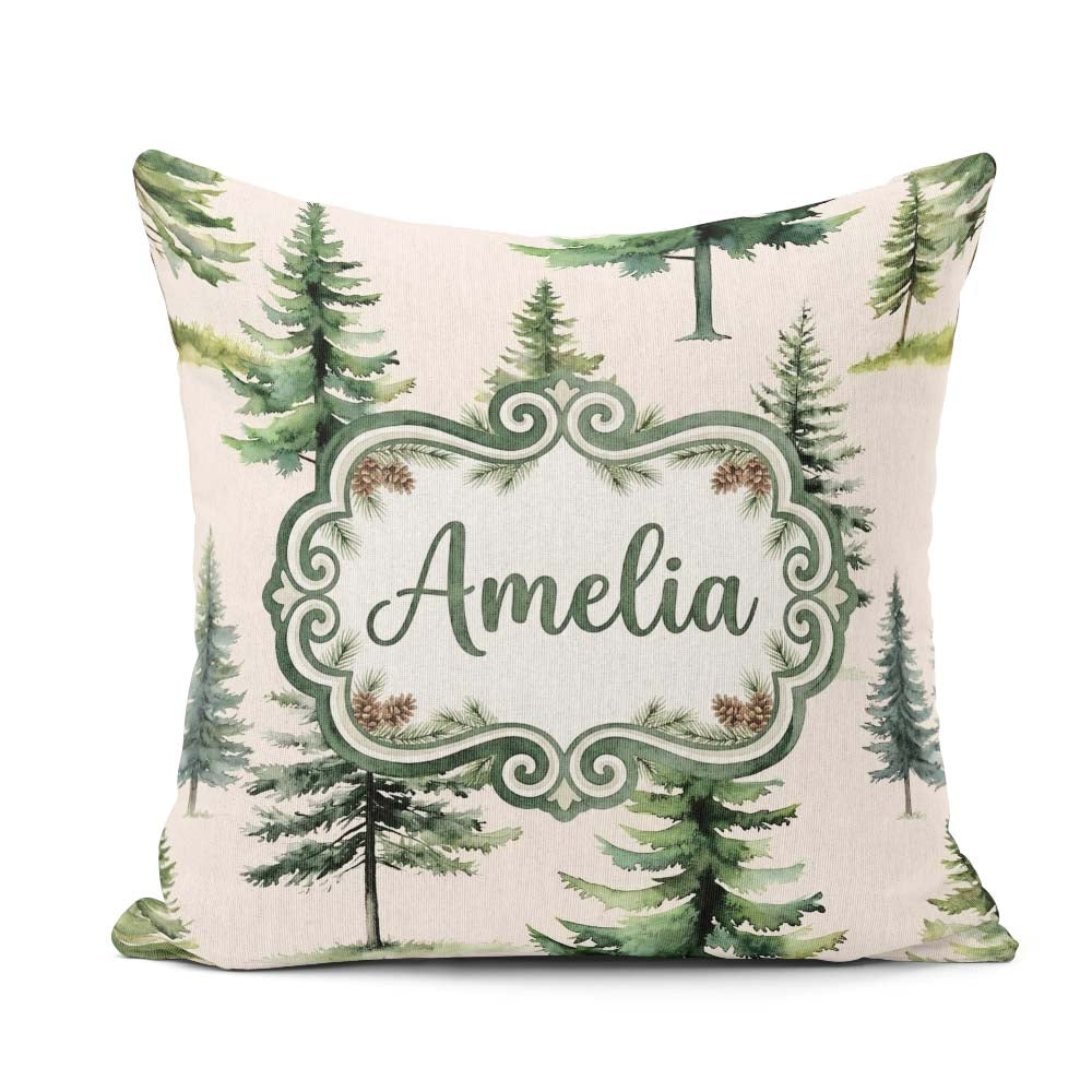 Custom Name Pine Tree Forest Evergreen Woodland on Neutral Beige Square Filled Cushion Throw Pillow Sofa Bed Home Decor Zip Washable UK Made