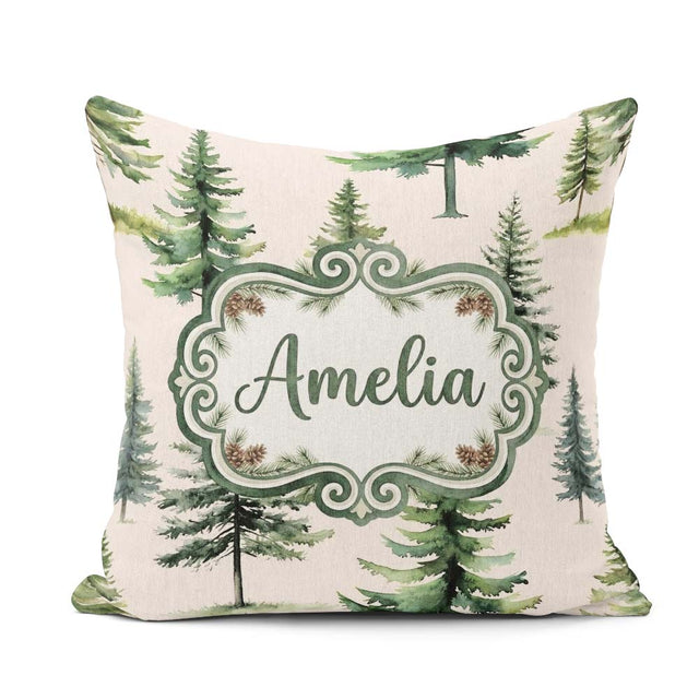 Custom Name Pine Tree Forest Evergreen Woodland on Neutral Beige Square Filled Cushion Throw Pillow Sofa Bed Home Decor Zip Washable UK Made