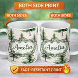 Personalized Custom Name Pine Tree Forest Evergreen Woodland Nature on Neutral Beige 11oz Ceramic Coffee Tea Mug White Large Handle
