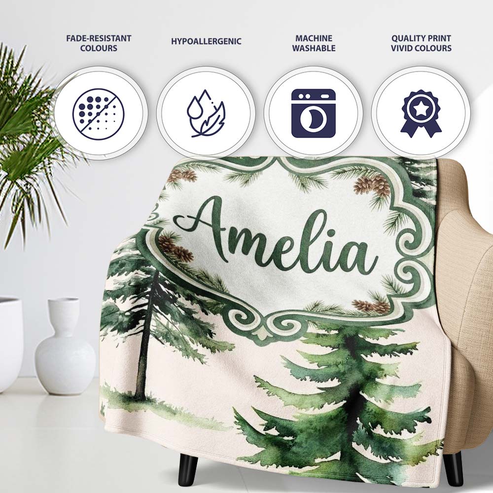 Pine Tree Forest Evergreen Woodland Nature on Neutral Beige  Personalised Custom Name Super Soft Fleece Blanket Bed Sofa Throw