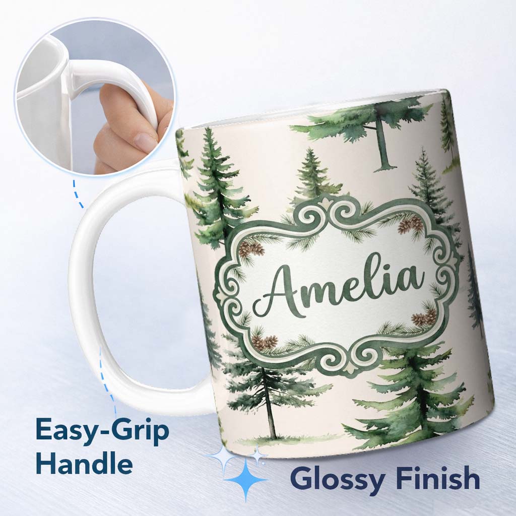 Personalized Custom Name Pine Tree Forest Evergreen Woodland Nature on Neutral Beige 11oz Ceramic Coffee Tea Mug White Large Handle