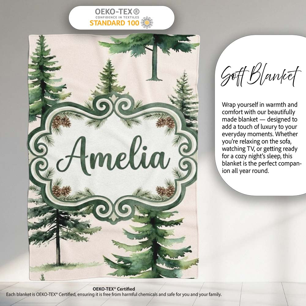Pine Tree Forest Evergreen Woodland Nature on Neutral Beige  Personalised Custom Name Super Soft Fleece Blanket Bed Sofa Throw