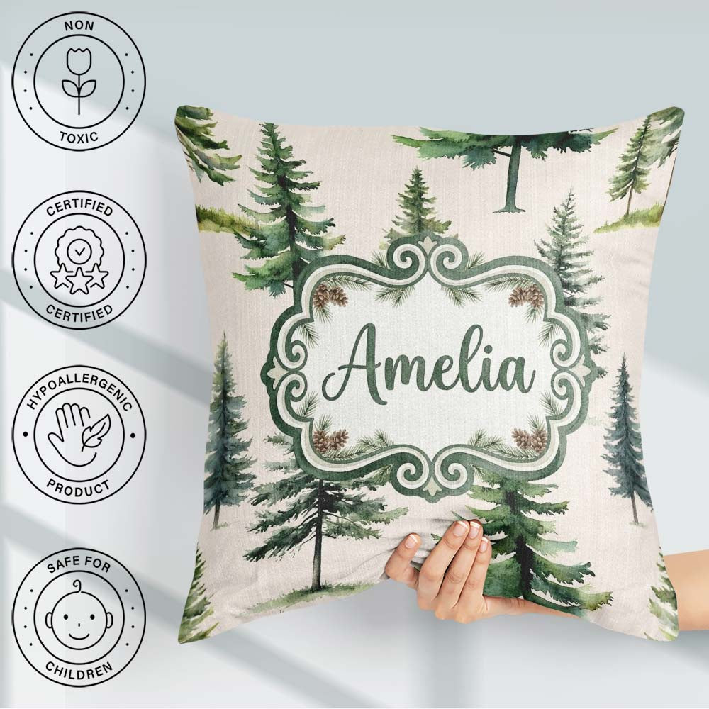 Custom Name Pine Tree Forest Evergreen Woodland on Neutral Beige Square Filled Cushion Throw Pillow Sofa Bed Home Decor Zip Washable UK Made