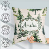 Custom Name Pine Tree Forest Evergreen Woodland on Neutral Beige Square Filled Cushion Throw Pillow Sofa Bed Home Decor Zip Washable UK Made