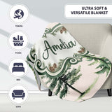 Pine Tree Forest Evergreen Woodland Nature on Neutral Beige  Personalised Custom Name Super Soft Fleece Blanket Bed Sofa Throw