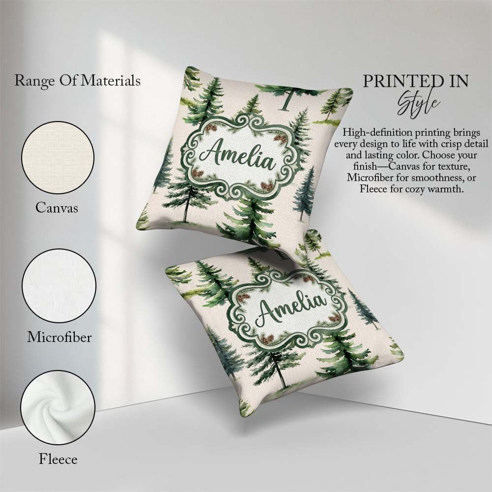 Custom Name Pine Tree Forest Evergreen Woodland on Neutral Beige Square Filled Cushion Throw Pillow Sofa Bed Home Decor Zip Washable UK Made