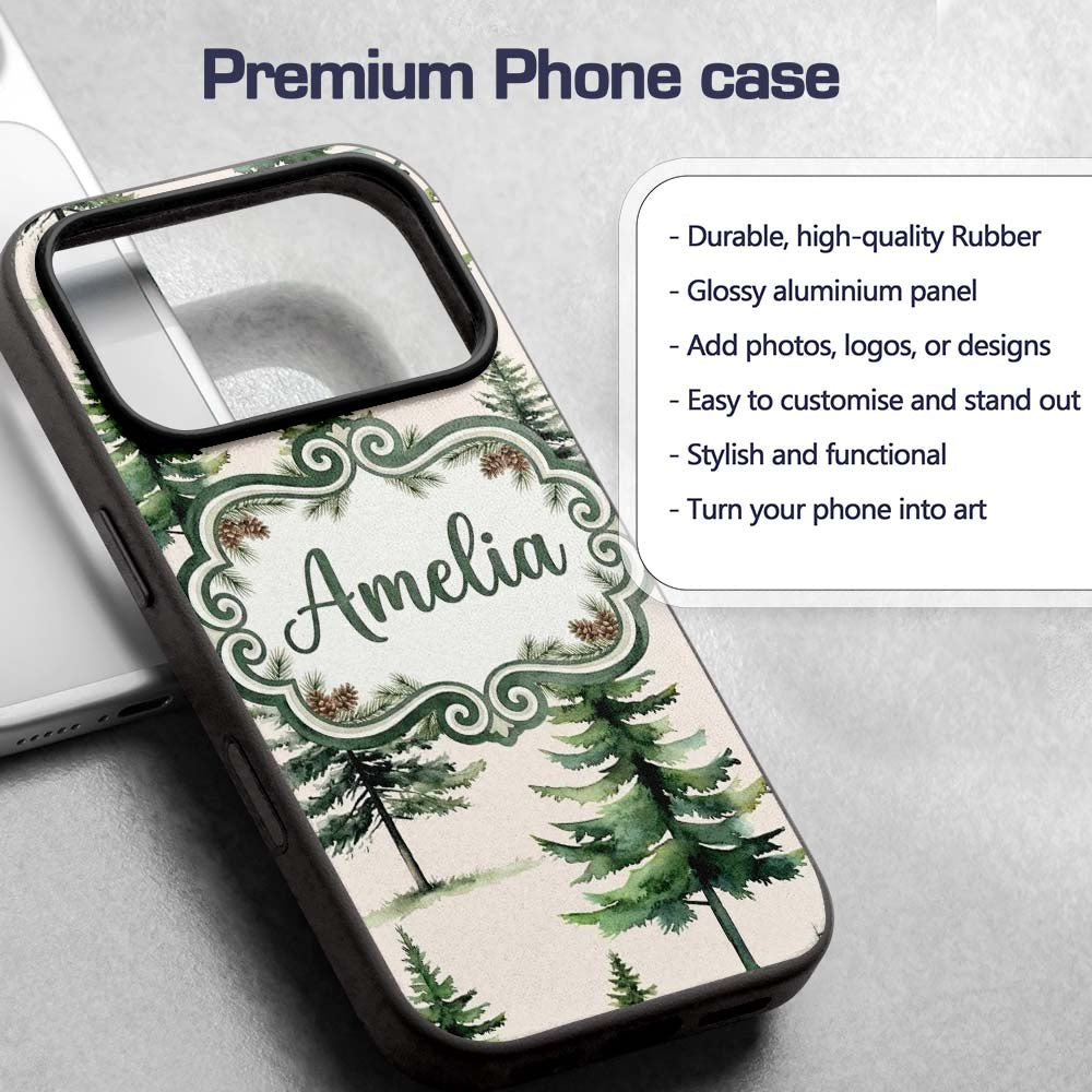 Pine Tree Forest Evergreen Woodland Nature on Custom Name Protective Phone Case Mobile Cover Durable Everyday Smartphone Shock Resistant