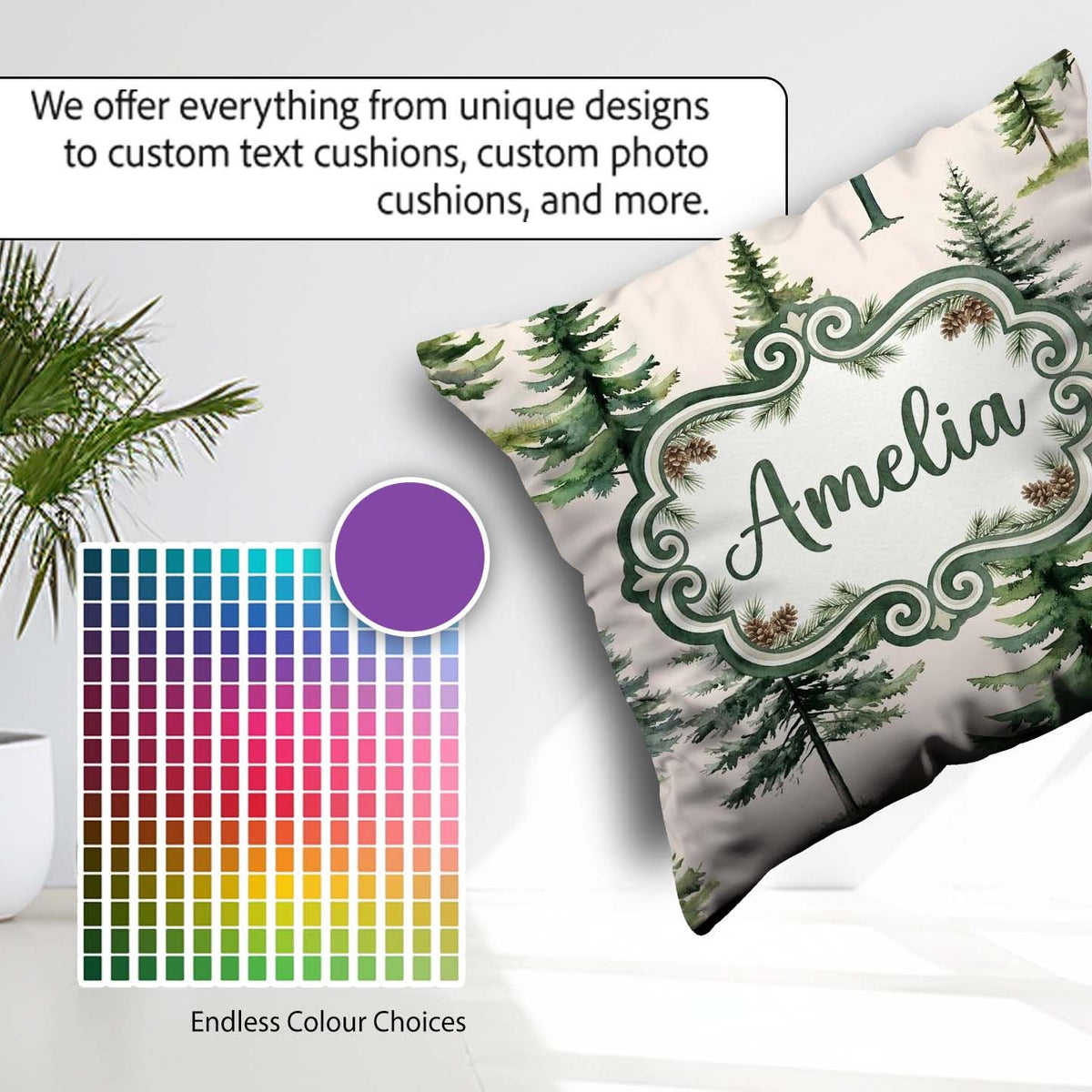 Custom Name Pine Tree Forest Evergreen Woodland on Neutral Beige Square Filled Cushion Throw Pillow Sofa Bed Home Decor Zip Washable UK Made