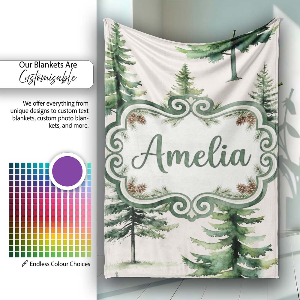 Pine Tree Forest Evergreen Woodland Nature on Neutral Beige  Personalised Custom Name Super Soft Fleece Blanket Bed Sofa Throw