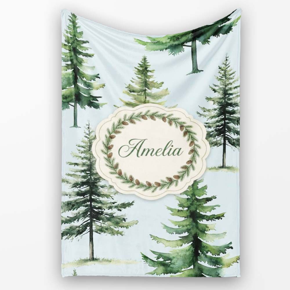 Pine Tree Forest Evergreen Woodland Nature on Soft Blue Seamless  Personalised Custom Name Super Soft Fleece Blanket Bed Sofa Throw