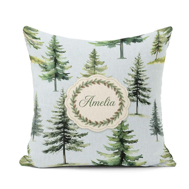 Custom Name Pine Tree Forest Evergreen Woodland Nature Soft Blue Square Filled Cushion Throw Pillow Sofa Bed Home Decor Zip Washable UK Made