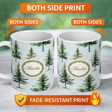 Personalized Custom Name Pine Tree Forest Evergreen Woodland Nature on Soft Blue Seamless 11oz Ceramic Coffee Tea Mug White Large Handle