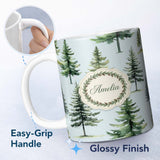 Personalized Custom Name Pine Tree Forest Evergreen Woodland Nature on Soft Blue Seamless 11oz Ceramic Coffee Tea Mug White Large Handle