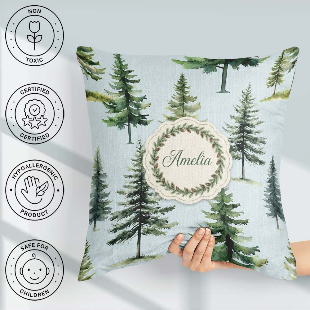 Custom Name Pine Tree Forest Evergreen Woodland Nature Soft Blue Square Filled Cushion Throw Pillow Sofa Bed Home Decor Zip Washable UK Made