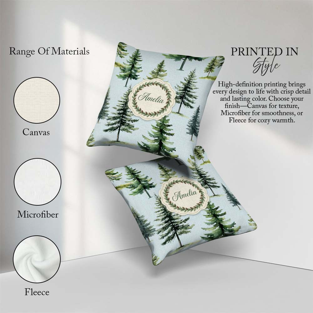 Custom Name Pine Tree Forest Evergreen Woodland Nature Soft Blue Square Filled Cushion Throw Pillow Sofa Bed Home Decor Zip Washable UK Made