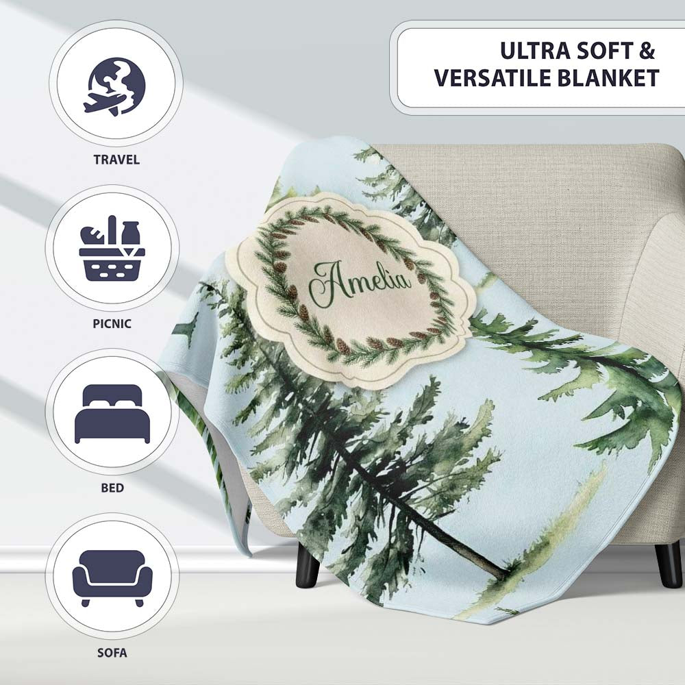 Pine Tree Forest Evergreen Woodland Nature on Soft Blue Seamless  Personalised Custom Name Super Soft Fleece Blanket Bed Sofa Throw