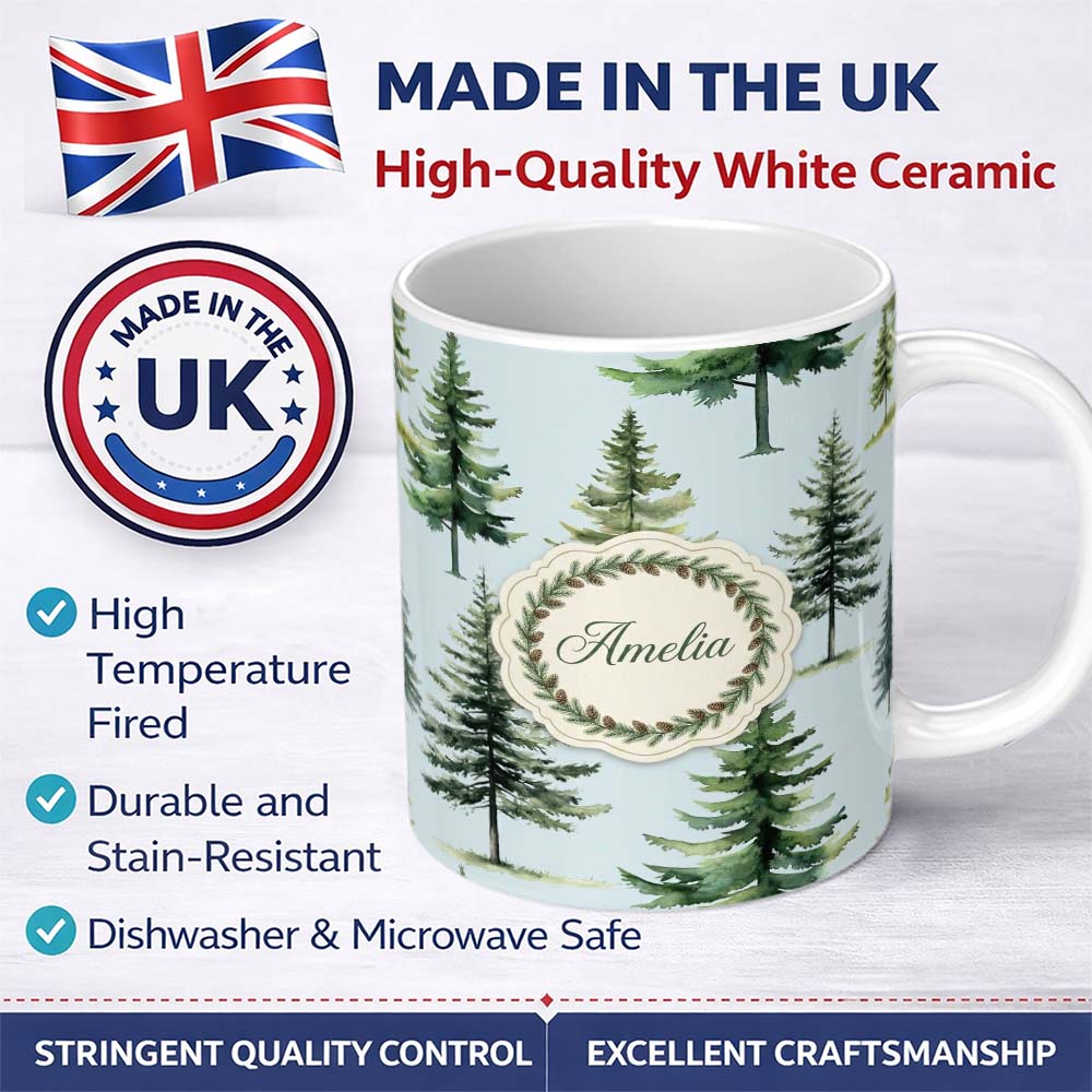 Personalized Custom Name Pine Tree Forest Evergreen Woodland Nature on Soft Blue Seamless 11oz Ceramic Coffee Tea Mug White Large Handle