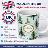 Personalized Custom Name Pine Tree Forest Evergreen Woodland Nature on Soft Blue Seamless 11oz Ceramic Coffee Tea Mug White Large Handle