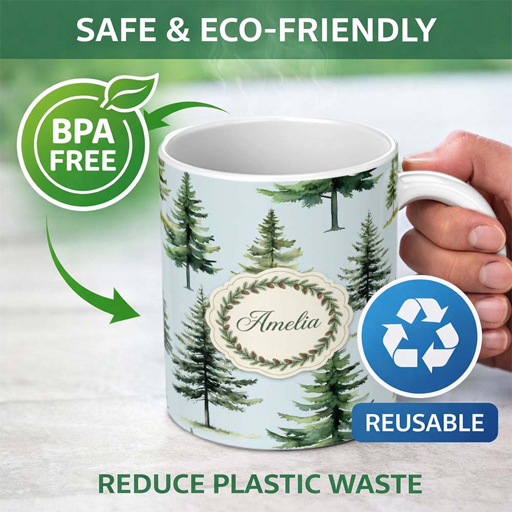 Personalized Custom Name Pine Tree Forest Evergreen Woodland Nature on Soft Blue Seamless 11oz Ceramic Coffee Tea Mug White Large Handle