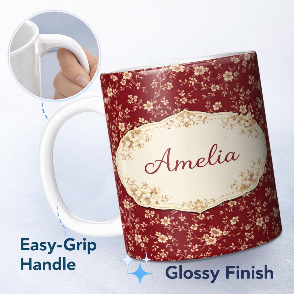 Personalized Custom Name Red Floral Seamless Pattern Thoughtful Gift Idea Cute Unique Gift 11oz Ceramic Coffee Tea Mug White Large Handle