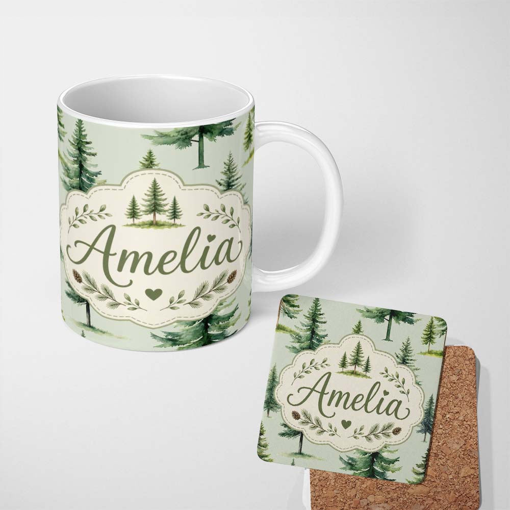 Personalized Custom Name Pine Tree Forest Evergreen Woodland Nature on Sage Green Seamless 11oz Ceramic Coffee Tea Mug White Large Handle