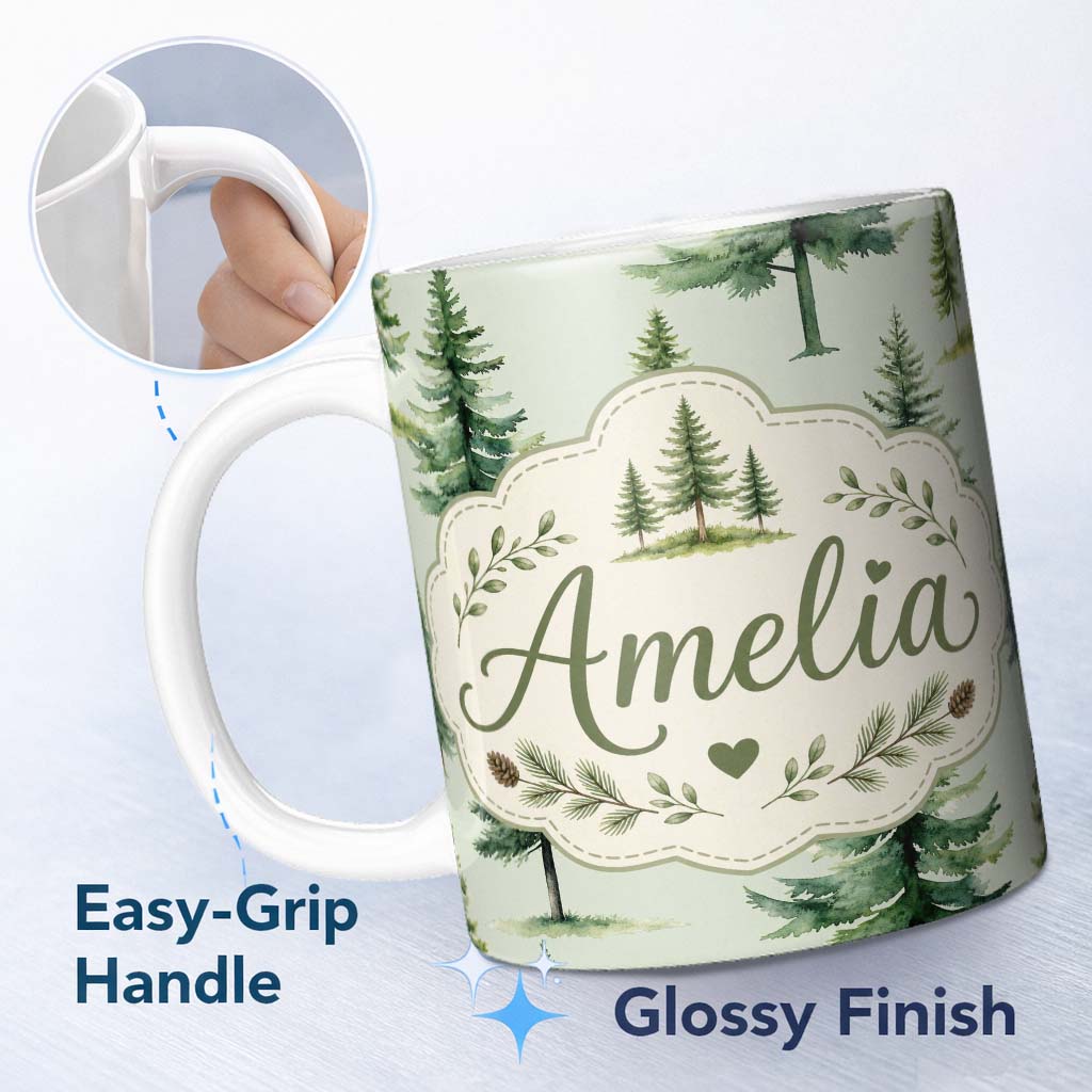 Personalized Custom Name Pine Tree Forest Evergreen Woodland Nature on Sage Green Seamless 11oz Ceramic Coffee Tea Mug White Large Handle