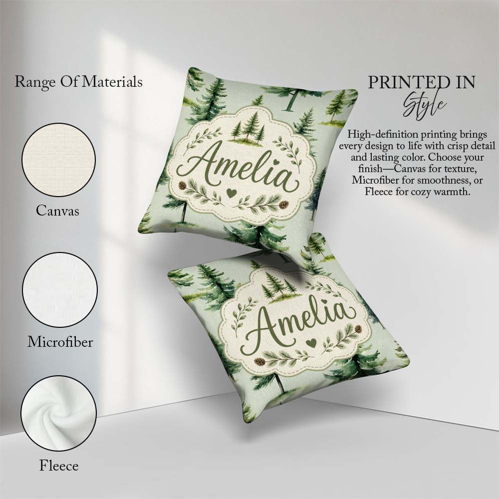 Custom Name Pine Tree Forest Evergreen Woodland on Sage Seamless Square Filled Cushion Throw Pillow Sofa Bed Home Decor Zip Washable UK Made