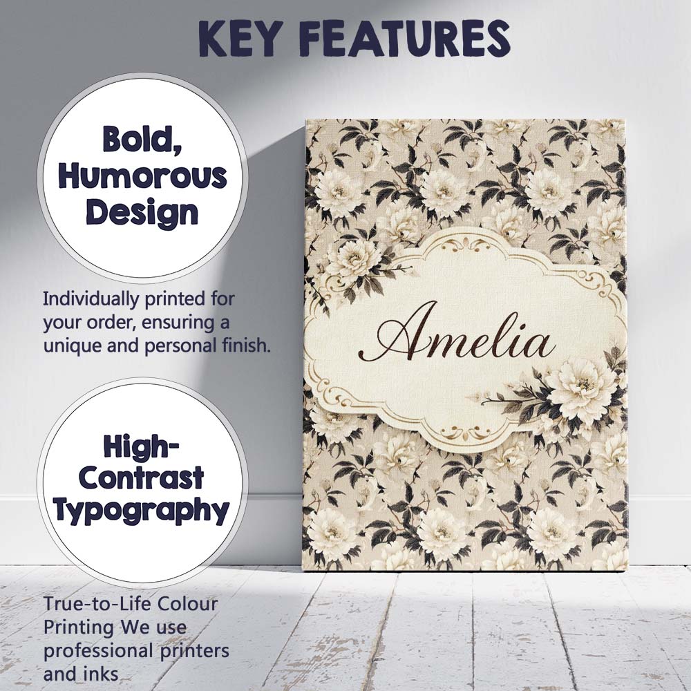Personalised Name Timeless Botanical Floral Ivory Background Classic Custom  Home Canvas Wall Art Print Decor Picture Ready to Hang