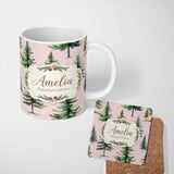 Personalized Custom Name Pine Tree Forest Evergreen Woodland Nature on Blush Pink Seamless 11oz Ceramic Coffee Tea Mug White Large Handle