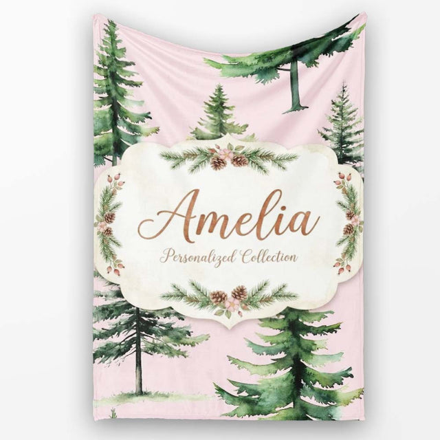 Pine Tree Forest Evergreen Woodland Nature on Blush Pink Seamless  Personalised Custom Name Super Soft Fleece Blanket Bed Sofa Throw