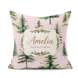 Custom Name Pine Tree Forest Evergreen Woodland on Pink Seamless Square Filled Cushion Throw Pillow Sofa Bed Home Decor Zip Washable UK Made