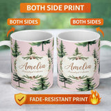 Personalized Custom Name Pine Tree Forest Evergreen Woodland Nature on Blush Pink Seamless 11oz Ceramic Coffee Tea Mug White Large Handle