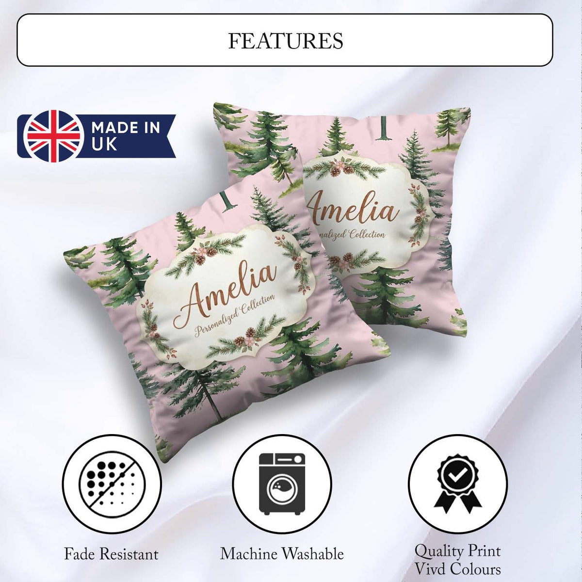 Custom Name Pine Tree Forest Evergreen Woodland on Pink Seamless Square Filled Cushion Throw Pillow Sofa Bed Home Decor Zip Washable UK Made