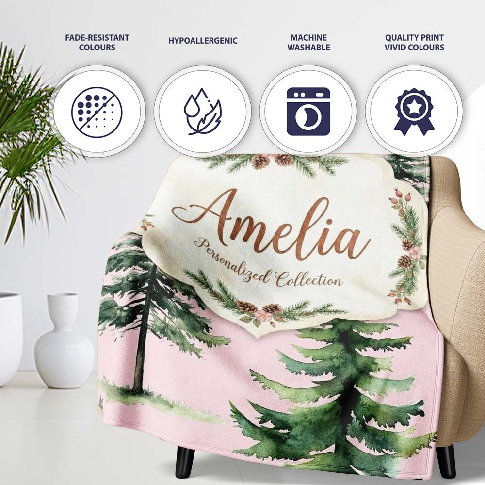 Pine Tree Forest Evergreen Woodland Nature on Blush Pink Seamless  Personalised Custom Name Super Soft Fleece Blanket Bed Sofa Throw