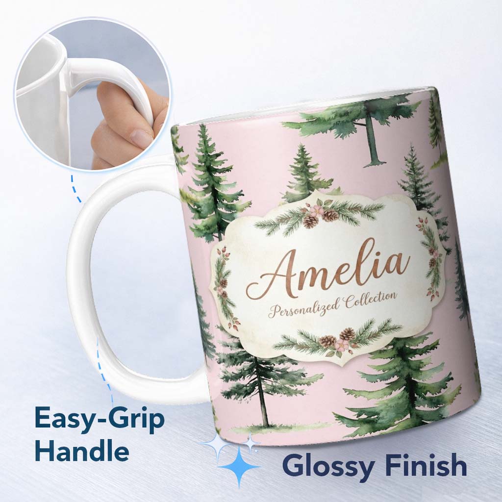 Personalized Custom Name Pine Tree Forest Evergreen Woodland Nature on Blush Pink Seamless 11oz Ceramic Coffee Tea Mug White Large Handle