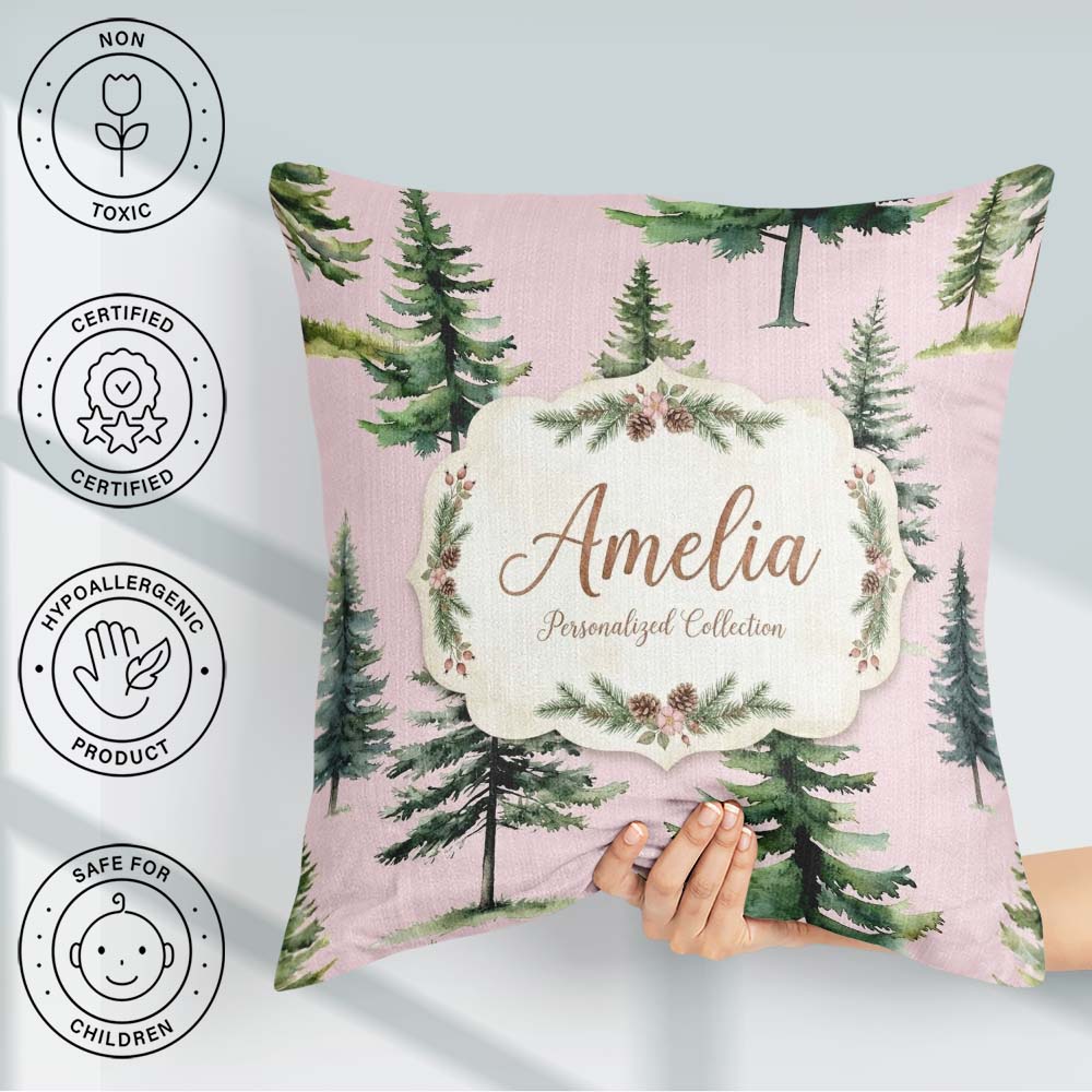 Custom Name Pine Tree Forest Evergreen Woodland on Pink Seamless Square Filled Cushion Throw Pillow Sofa Bed Home Decor Zip Washable UK Made