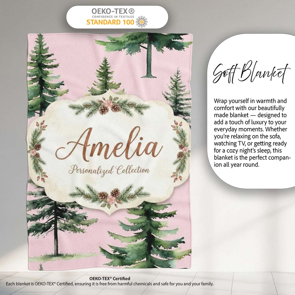 Pine Tree Forest Evergreen Woodland Nature on Blush Pink Seamless  Personalised Custom Name Super Soft Fleece Blanket Bed Sofa Throw