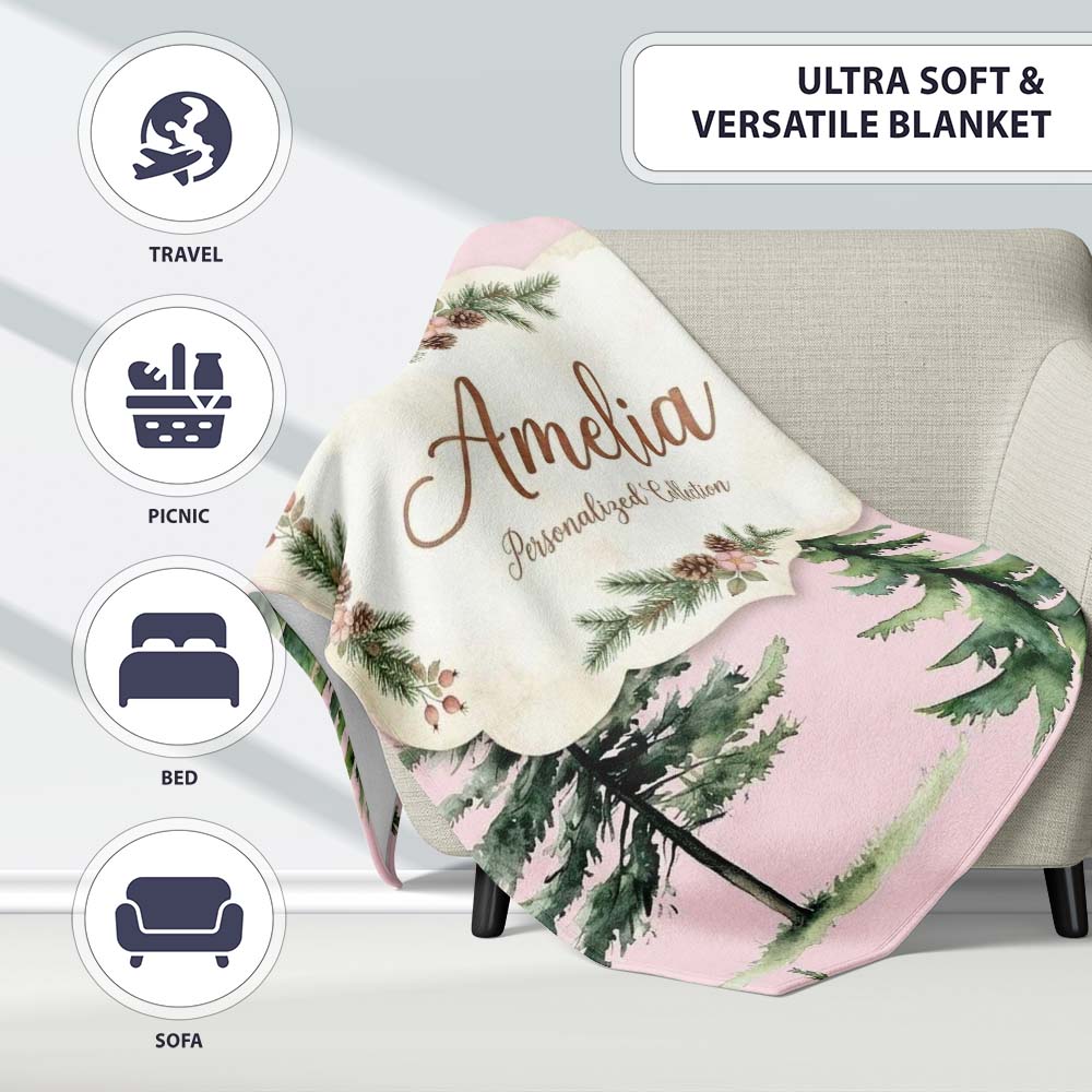 Pine Tree Forest Evergreen Woodland Nature on Blush Pink Seamless  Personalised Custom Name Super Soft Fleece Blanket Bed Sofa Throw