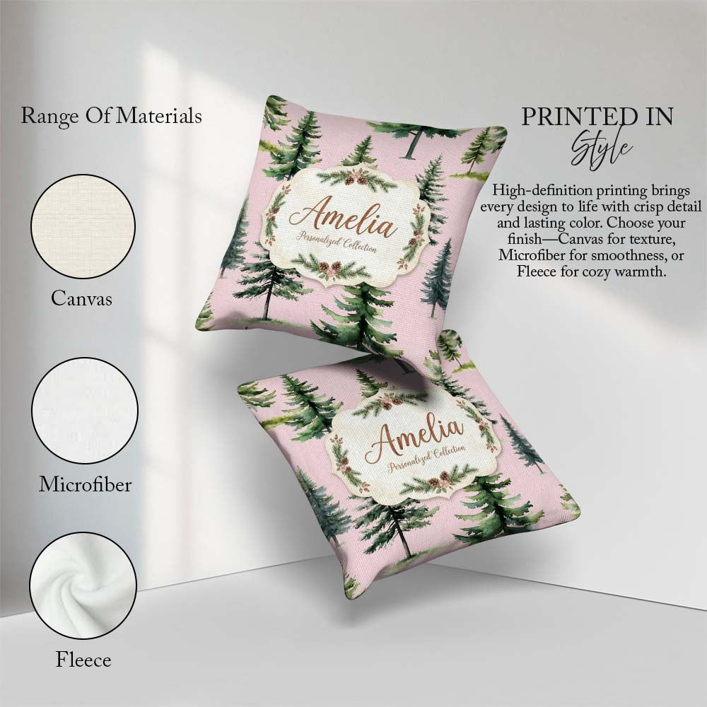 Custom Name Pine Tree Forest Evergreen Woodland on Pink Seamless Square Filled Cushion Throw Pillow Sofa Bed Home Decor Zip Washable UK Made