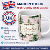 Personalized Custom Name Pine Tree Forest Evergreen Woodland Nature on Blush Pink Seamless 11oz Ceramic Coffee Tea Mug White Large Handle
