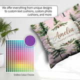 Custom Name Pine Tree Forest Evergreen Woodland on Pink Seamless Square Filled Cushion Throw Pillow Sofa Bed Home Decor Zip Washable UK Made
