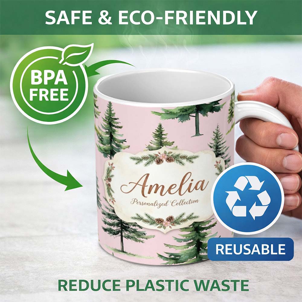 Personalized Custom Name Pine Tree Forest Evergreen Woodland Nature on Blush Pink Seamless 11oz Ceramic Coffee Tea Mug White Large Handle