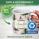 Personalized Custom Name Pine Tree Forest Evergreen Woodland Nature on Blush Pink Seamless 11oz Ceramic Coffee Tea Mug White Large Handle