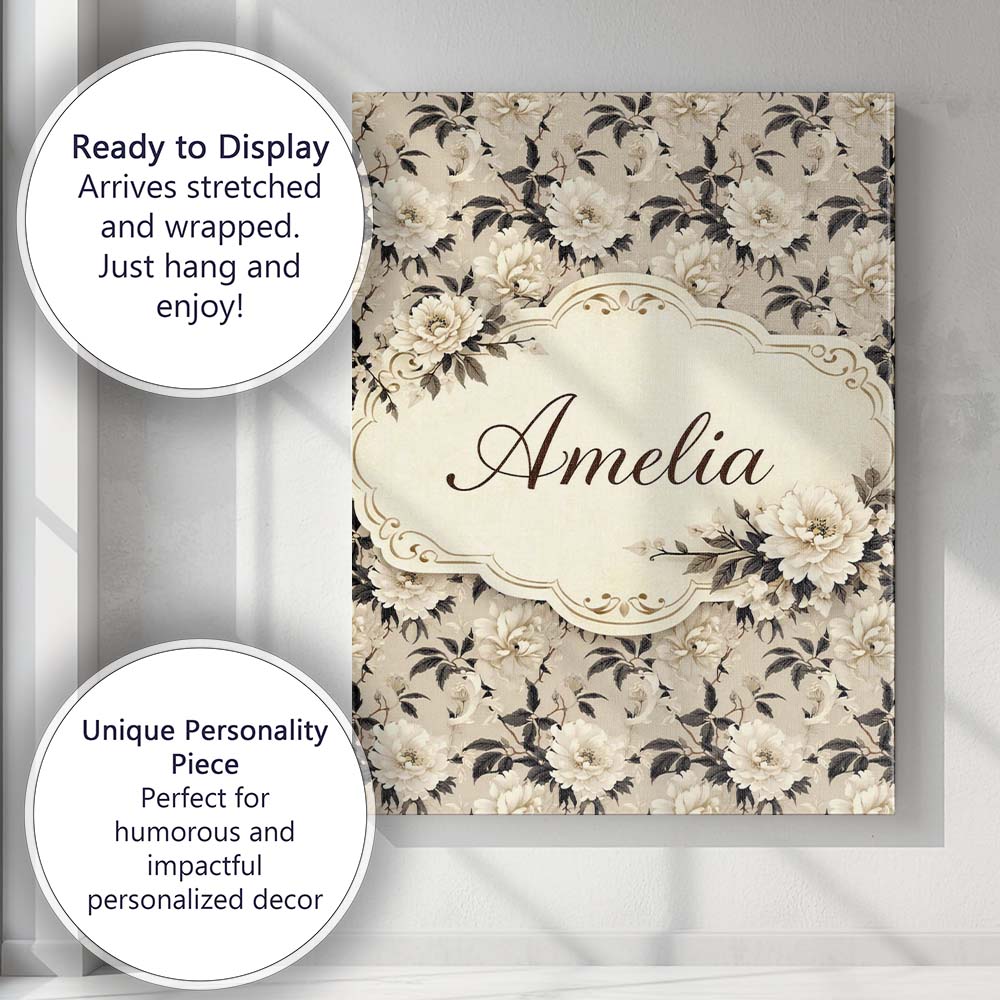 Personalised Name Timeless Botanical Floral Ivory Background Classic Custom  Home Canvas Wall Art Print Decor Picture Ready to Hang