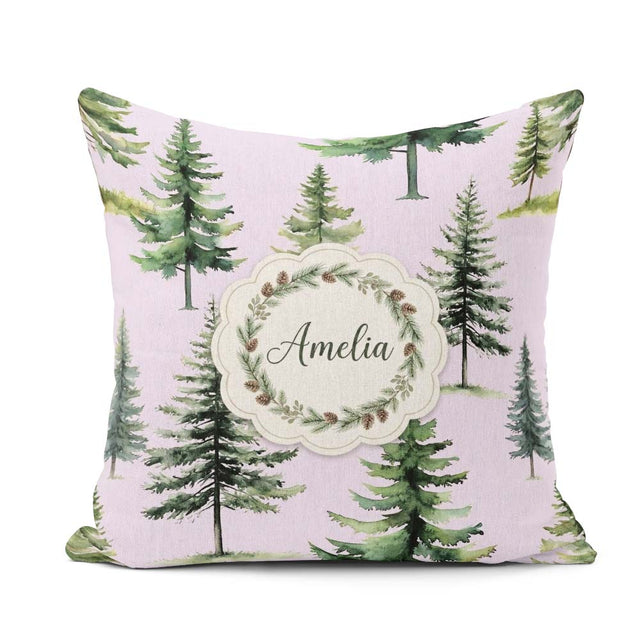 Custom Name Pine Tree Forest Evergreen Woodland on Soft Seamless Square Filled Cushion Throw Pillow Sofa Bed Home Decor Zip Washable UK Made