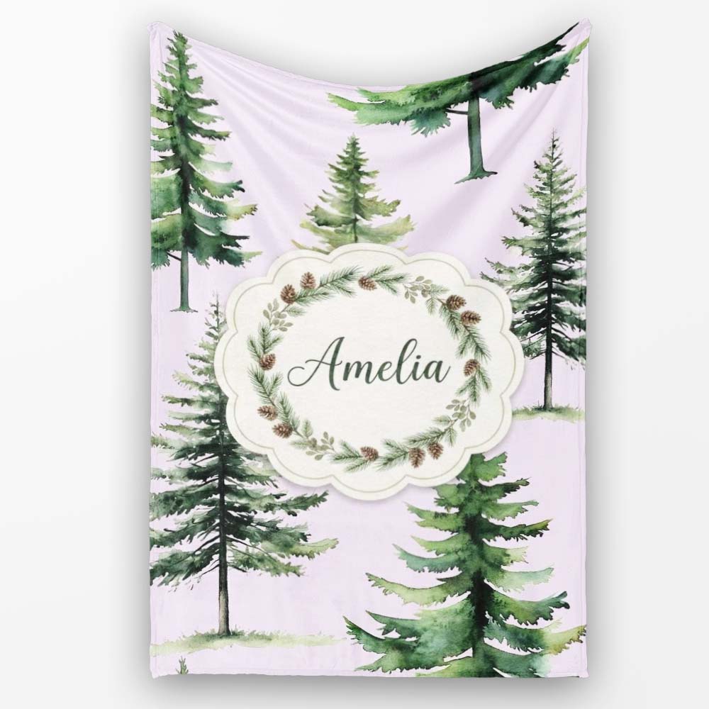 Pine Tree Forest Evergreen Woodland Nature on Soft Lilac Seamless  Personalised Custom Name Super Soft Fleece Blanket Bed Sofa Throw