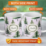 Personalized Custom Name Pine Tree Forest Evergreen Woodland Nature on Soft Lilac Seamless 11oz Ceramic Coffee Tea Mug White Large Handle